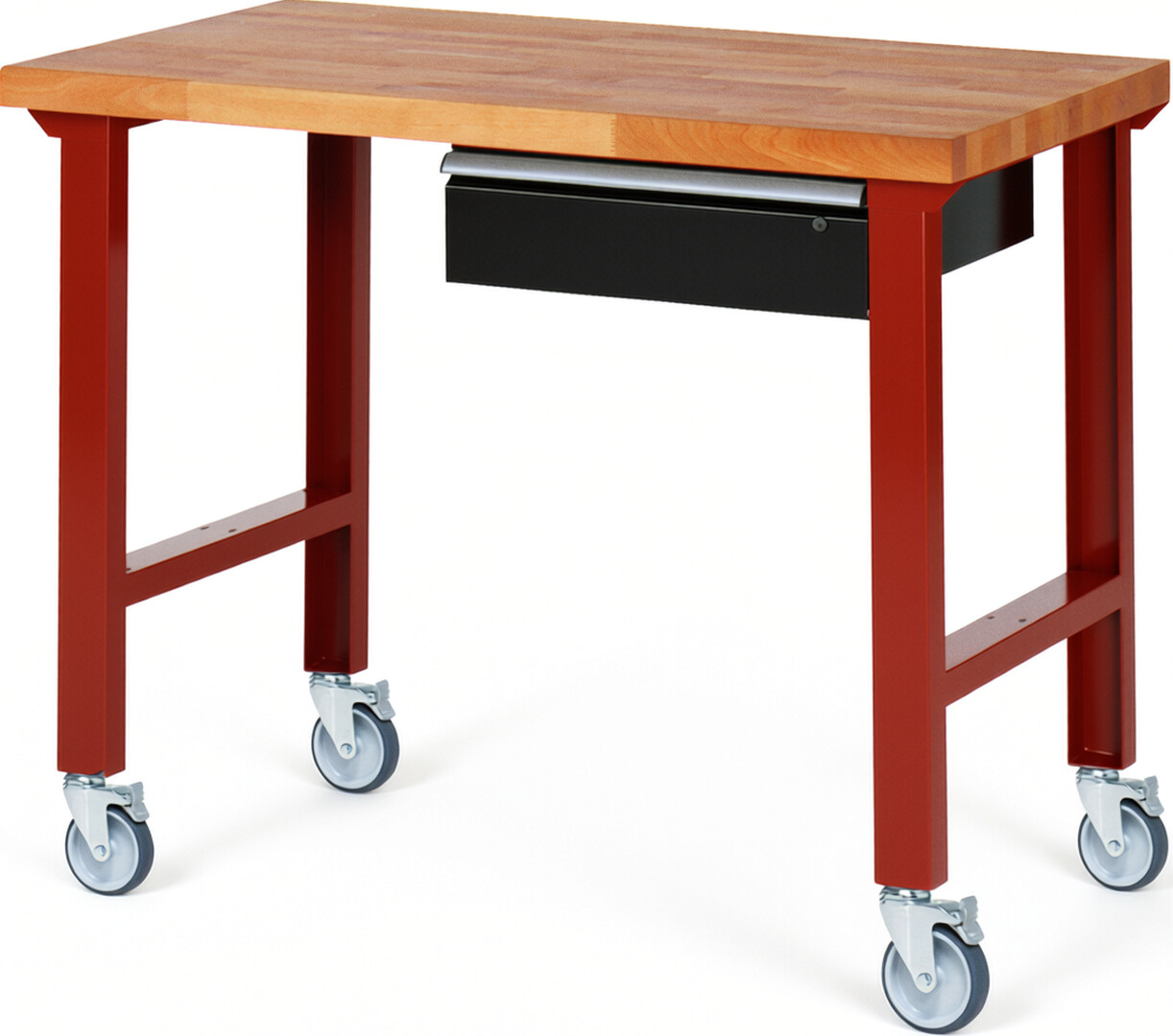 RAU Werkbank rot - schwarz - Breite 125 cm - Tiefe 70 cm - Höhe 100 cm - Buche-Massiv Arbeitsplatte 40 mm