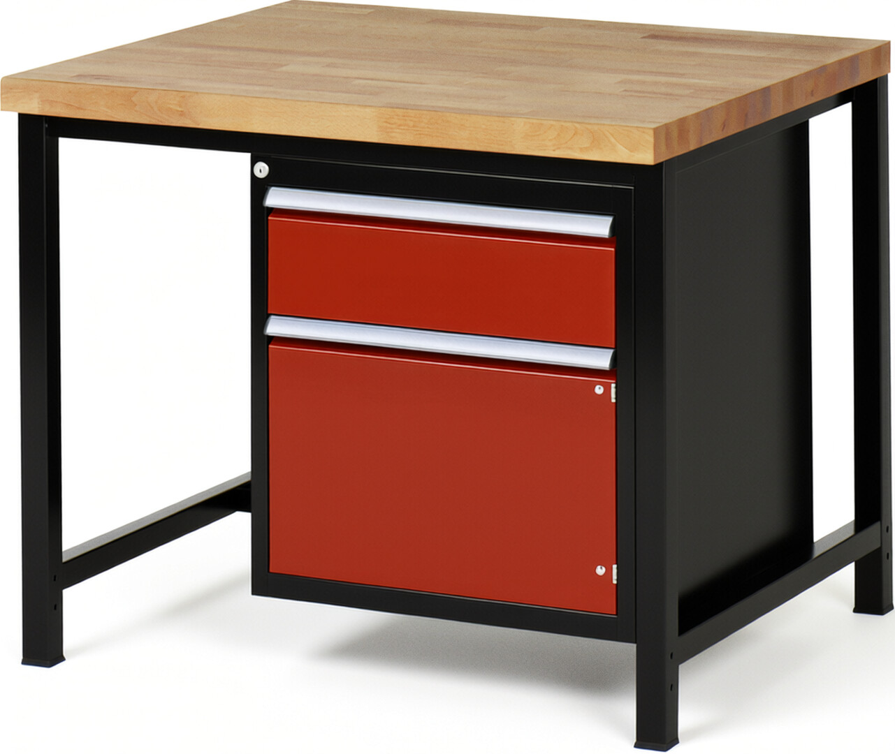 RAU Werkbank schwarz - rot - Breite 100 cm - Tiefe 90 cm - Höhe 104 cm - Buche-Massiv Arbeitsplatte 40 mm
