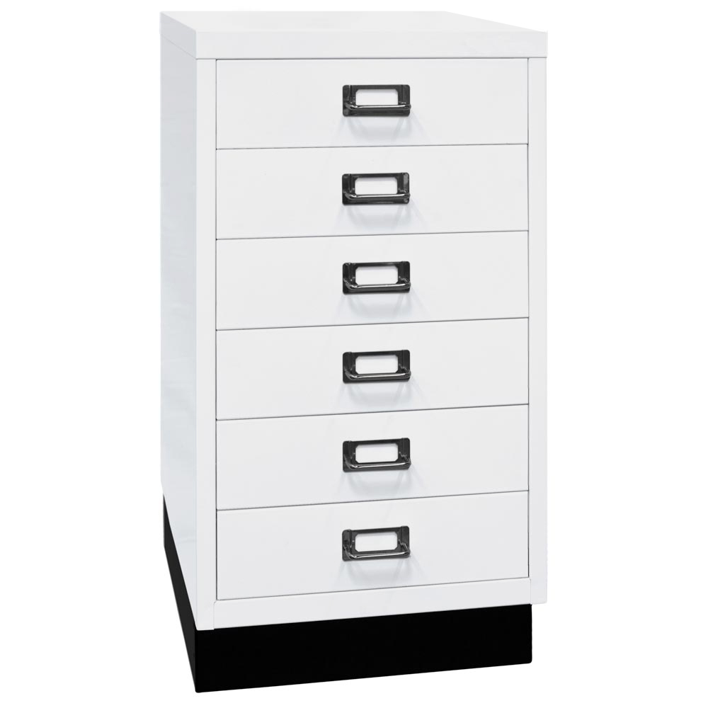 Schubladenschrank aus Stahl, BxTxH 349x432x670 mm, 6 Schubladen 87 mm, DIN A3, Sockel 80 mm hoch, verkehrsweiß