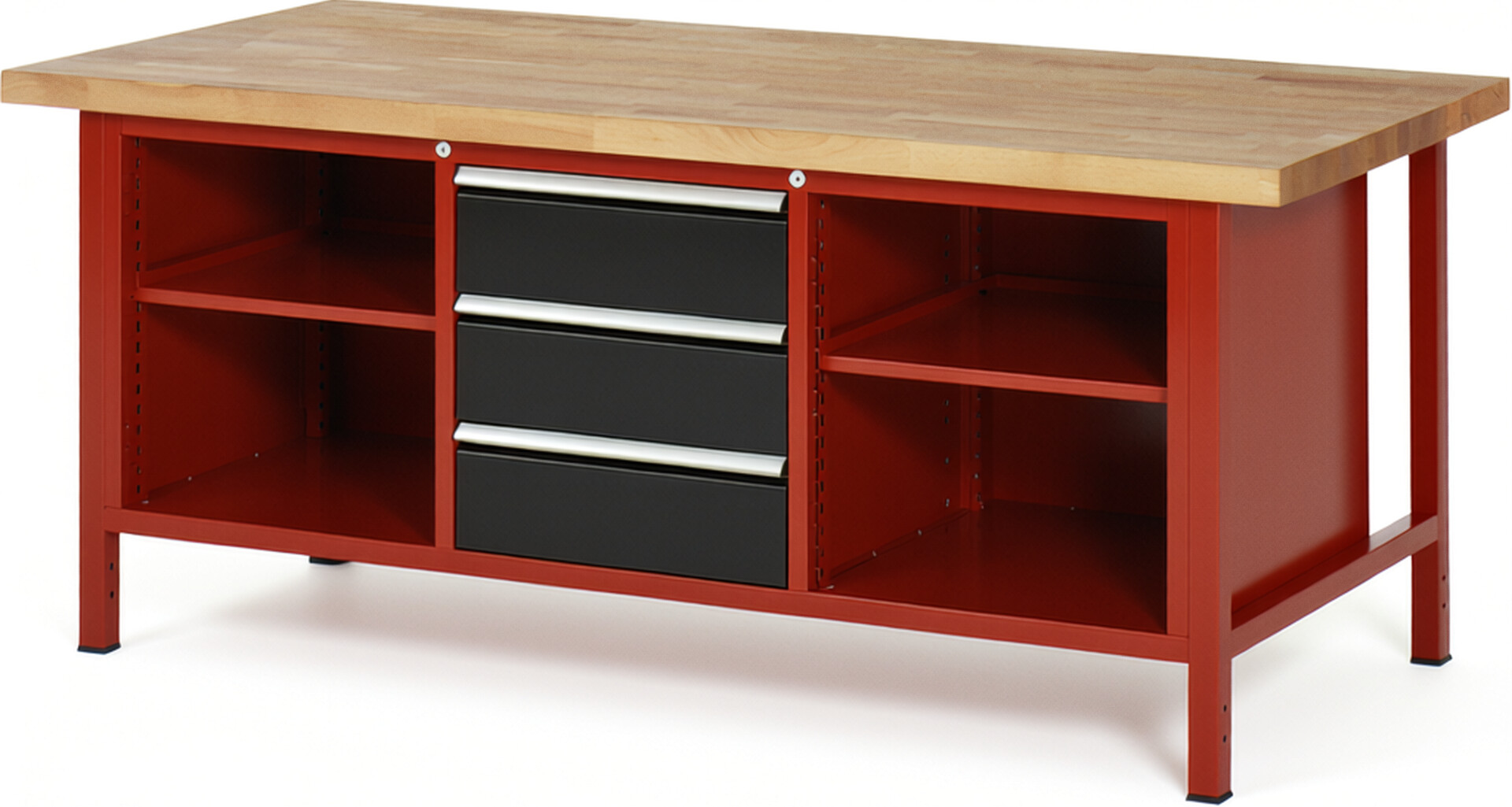 Werkbank Modell 8565 rot - schwarz, BxTxH 2000x900x840 mm,  Buche-Massiv Arbeitsplatte 40 mm,  3 Schubladen mit  Vollauszug 100 % und  SoftClosing