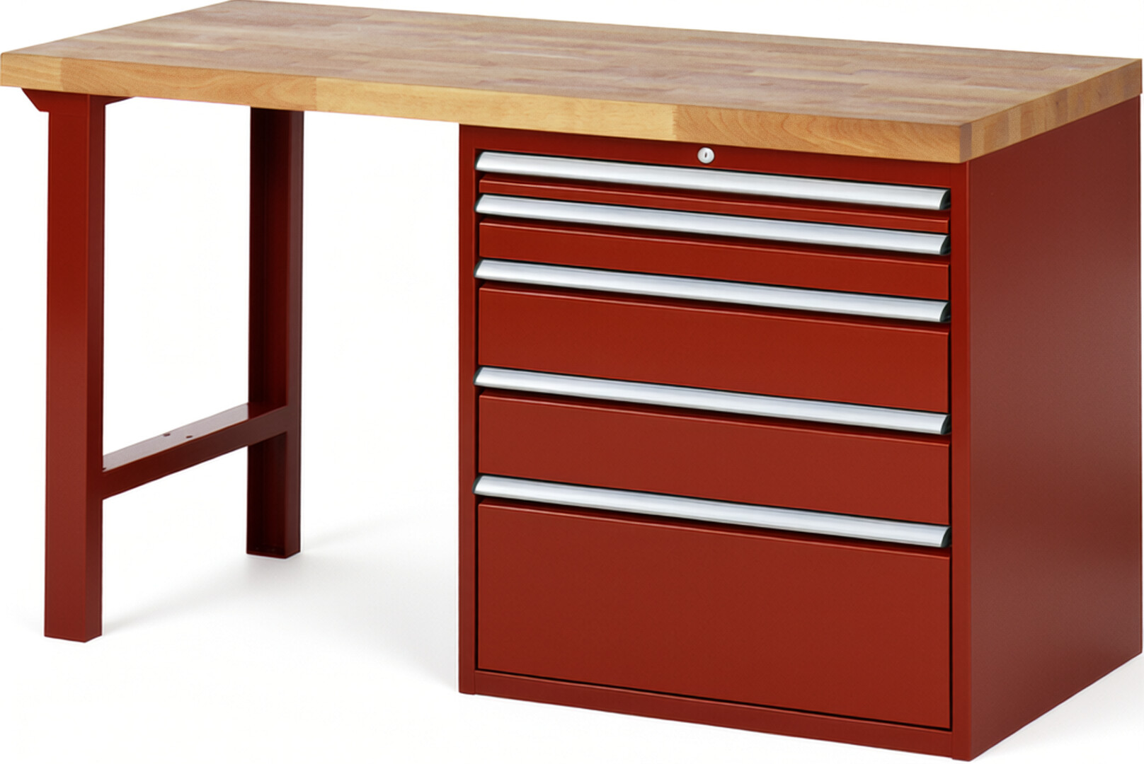 Werkbank Modell 7611 rot, BxTxH 1500x700x890 mm,  Buche-Massiv Arbeitsplatte 40 mm,  5 Schubladen mit  Auszug 90 %
