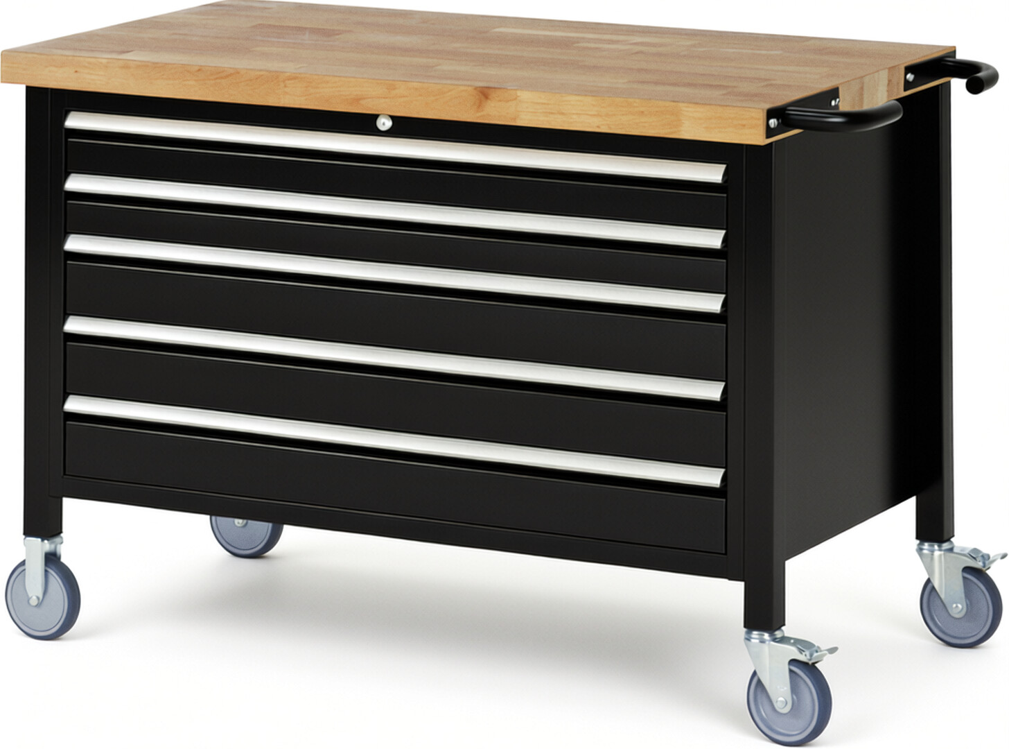 Fahrbare Werkbank Modell 8371 schwarz, BxTxH 1250x700x880 mm,  Buche-Massiv Arbeitsplatte 40 mm,  5 Schubladen mit  Vollauszug 100 % und  SoftClosing