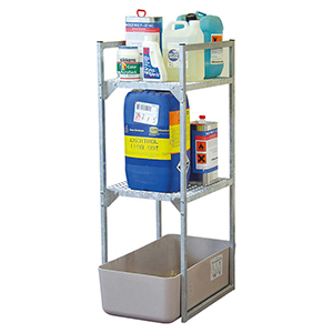 Fassregal für Kleingebinde, mi 2 Gitterrostauflagen für Kleingebinde, Stahl, verzinkt, GFK-Auffangwanne 65 l, BxTxH 450x820x1310 mm