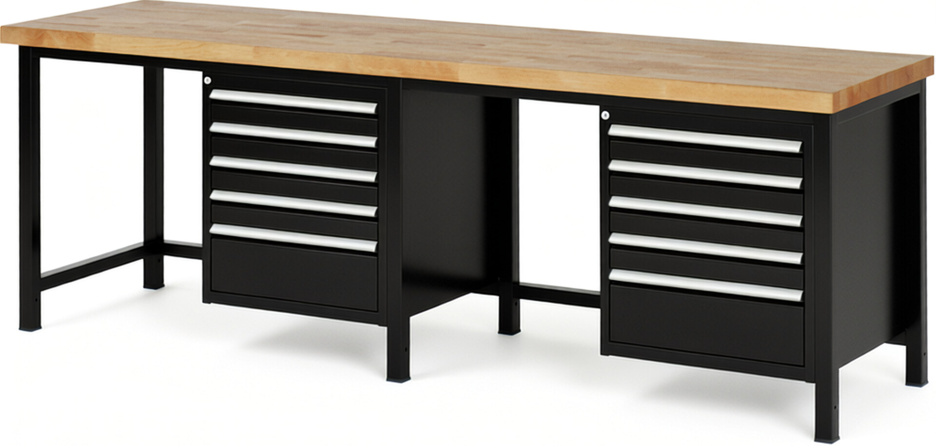 Werkbank Modell 8168 schwarz, BxTxH 2500x700x840 mm,  Buche-Massiv Arbeitsplatte 40 mm,  10 Schubladen mit  Vollauszug 100 % und  SoftClosing