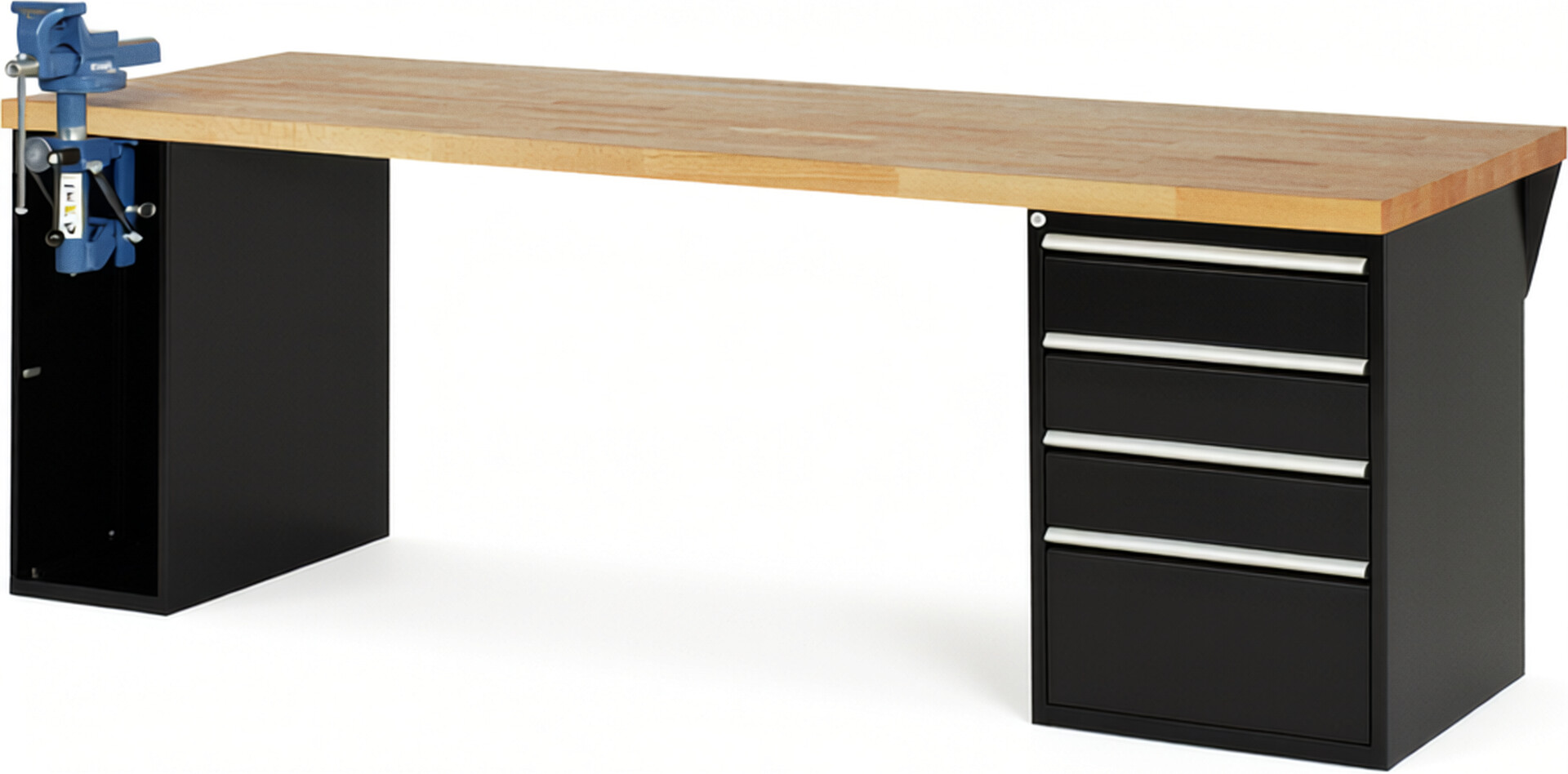 Werkbank Modell 7510 schwarz, BxTxH 2500x900x890 mm,  Buche-Massiv Arbeitsplatte 40 mm,  4 Schubladen mit  Auszug 90 %
