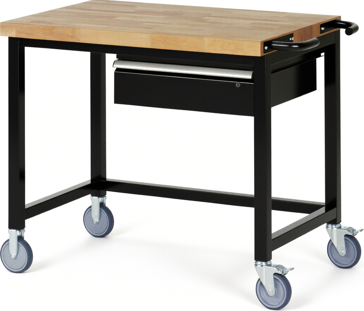 Fahrbare Werkbank Modell 8001 schwarz, BxTxH 1000x700x880-1080 mm,  Buche-Massiv Arbeitsplatte 40 mm,  1 Schublade mit  Auszug 90 %