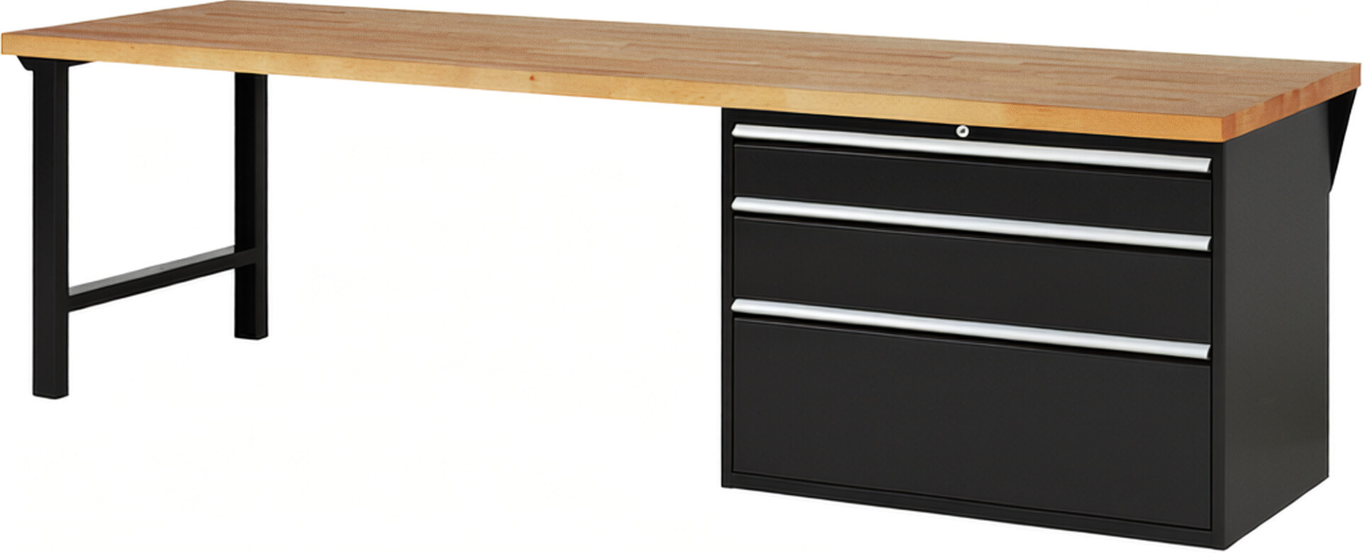 Werkbank Modell 7708 schwarz, BxTxH 3000x900x890 mm,  Buche-Massiv Arbeitsplatte 40 mm,  3 Schubladen mit  Vollauszug 100 % und  SoftClosing