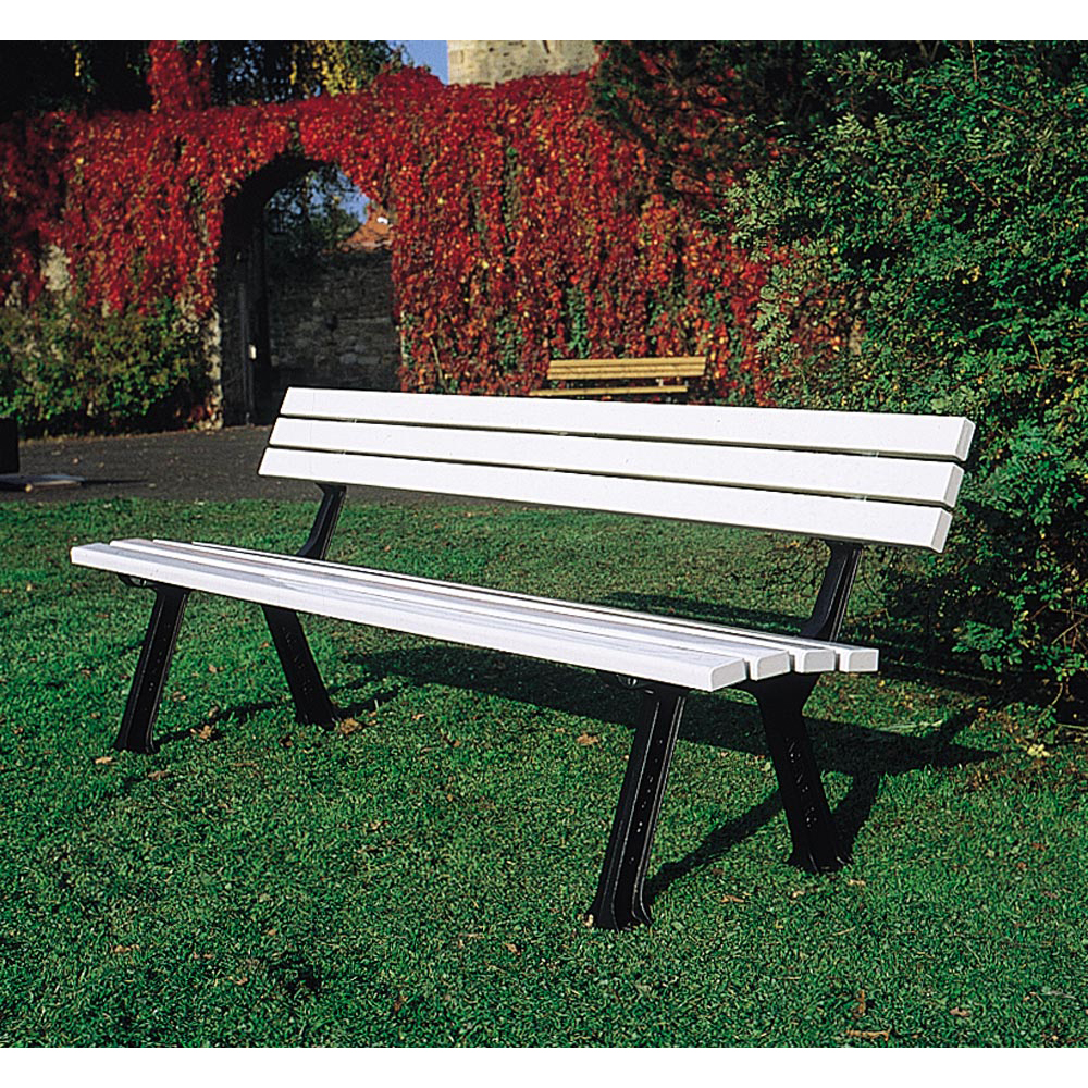 Parkbank mit Gußeisenfüßen und PVC-Latten,BxT(SitzT)xH 2000x410x780 mm, weiß