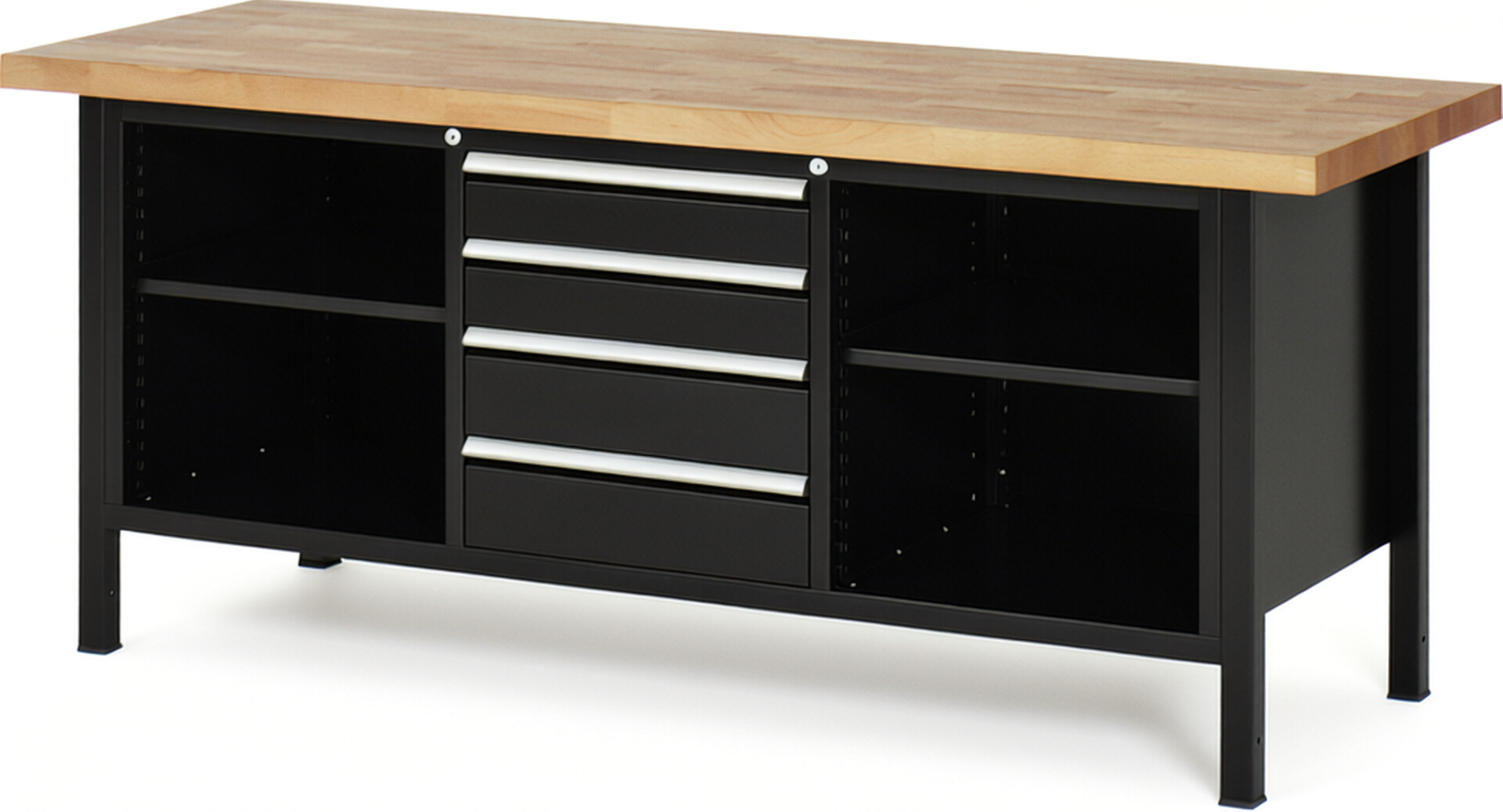 Werkbank Modell 8566 schwarz, BxTxH 2000x700x840 mm,  Buche-Massiv Arbeitsplatte 40 mm,  4 Schubladen mit  Vollauszug 100 % und  SoftClosing