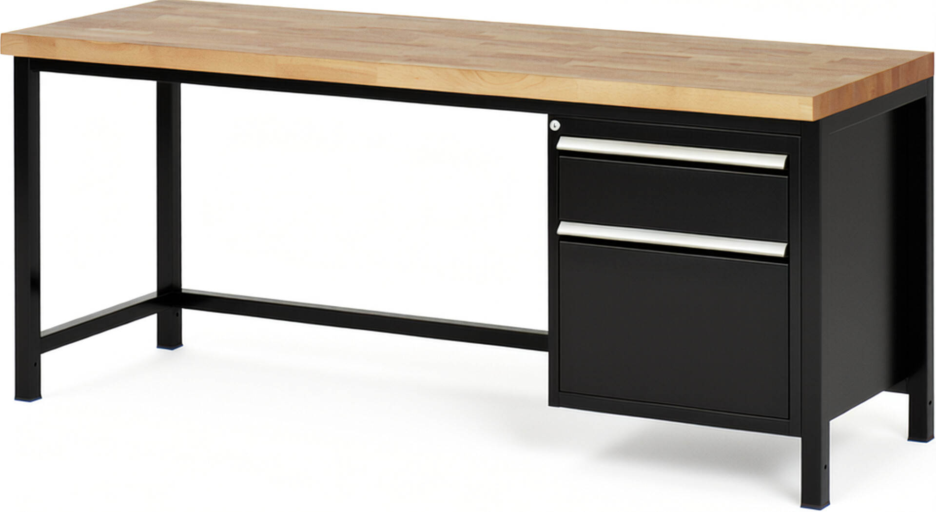 Werkbank Modell 8156 schwarz, BxTxH 2000x700x840 mm,  Buche-Massiv Arbeitsplatte 40 mm,  2 Schubladen mit  Vollauszug 100 % und  SoftClosing