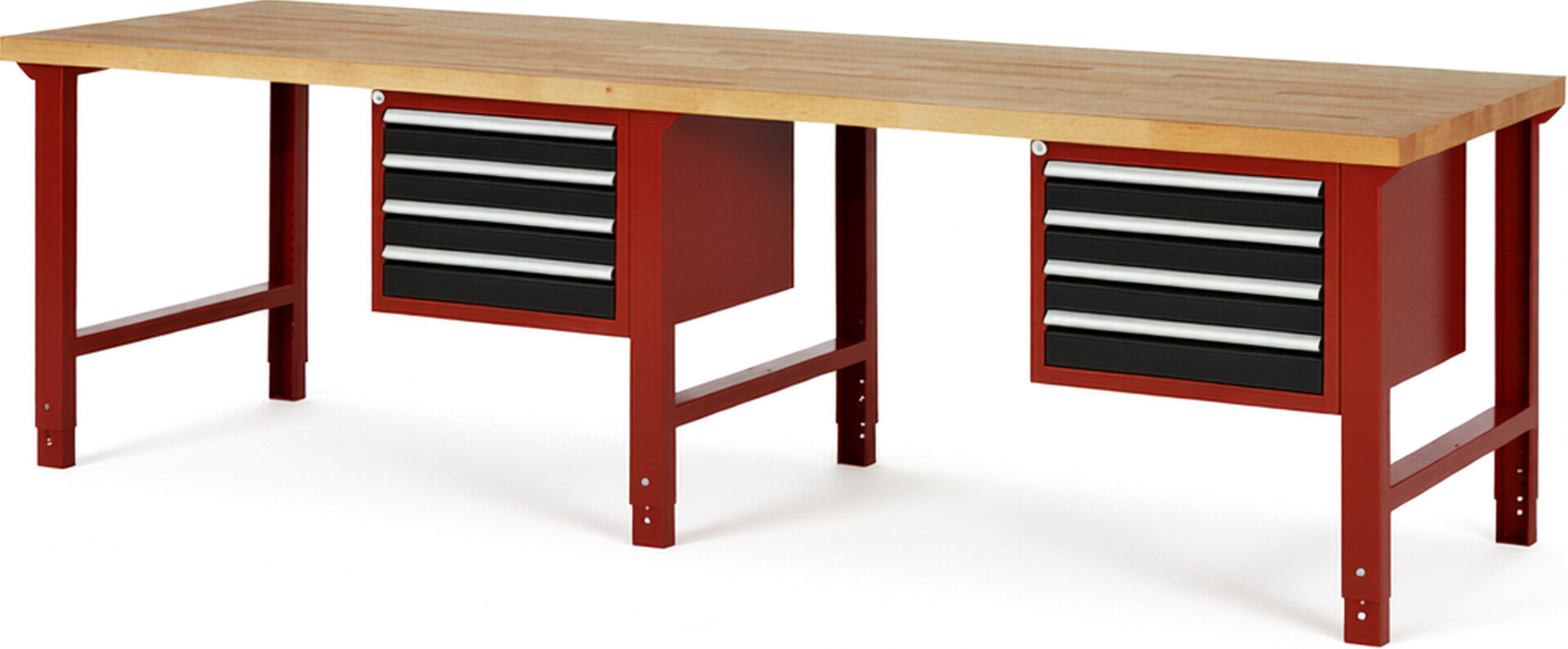 Werkbank Modell 7133 rot - schwarz, BxTxH 3000x900x790-1140 mm,  Buche-Massiv Arbeitsplatte 40 mm,  8 Schubladen mit  Vollauszug 100 % und  SoftClosing