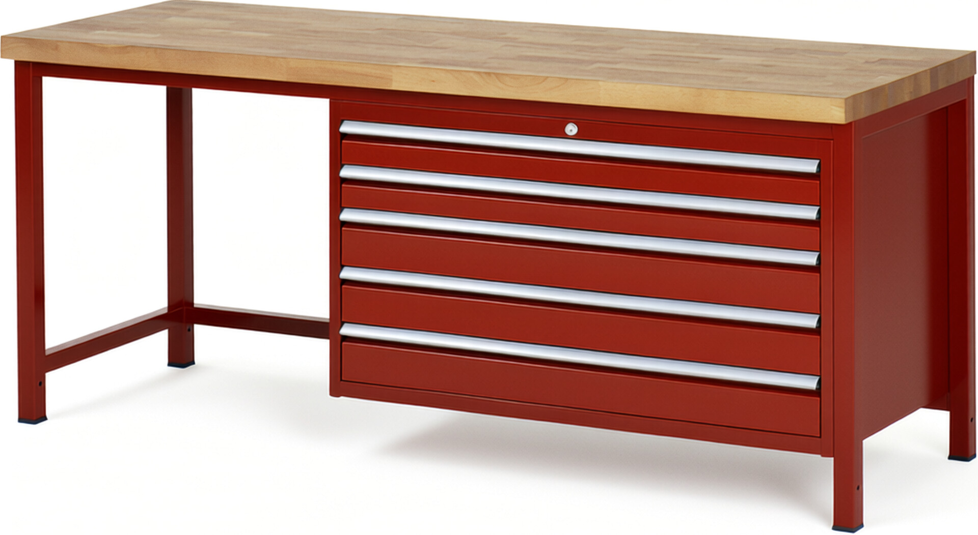 Werkbank Modell 8371 rot, BxTxH 2000x700x840 mm,  Buche-Massiv Arbeitsplatte 40 mm,  5 Schubladen mit  Auszug 90 %