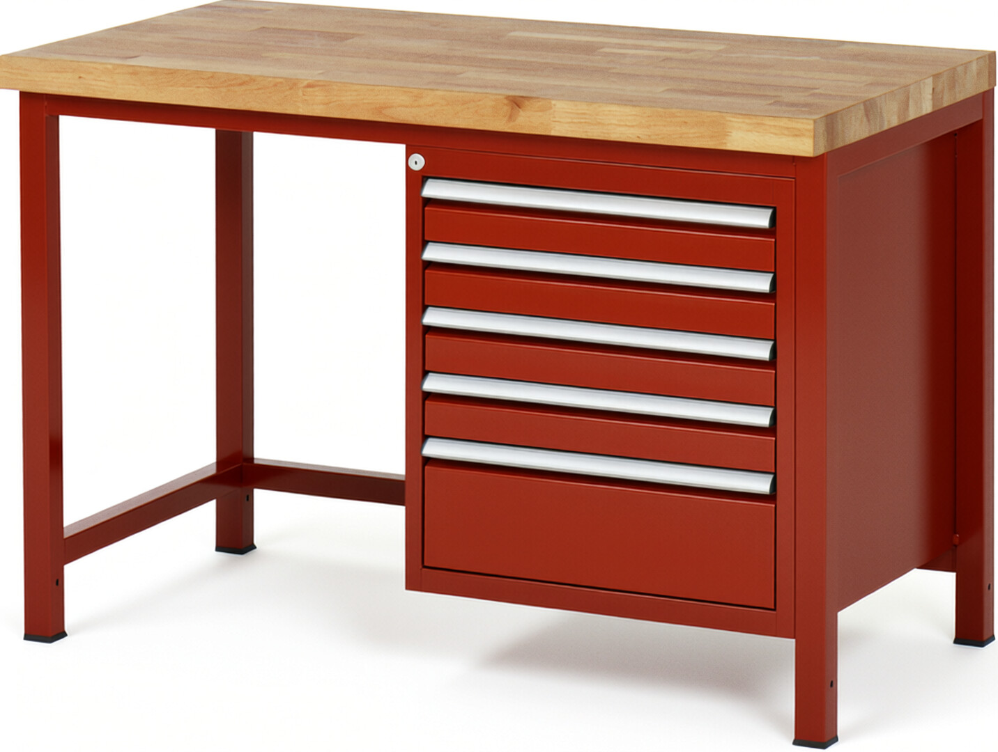 Werkbank Modell 8168 rot, BxTxH 1250x700x840-1040 mm,  Buche-Massiv Arbeitsplatte 40 mm,  5 Schubladen mit  Vollauszug 100 % und  SoftClosing
