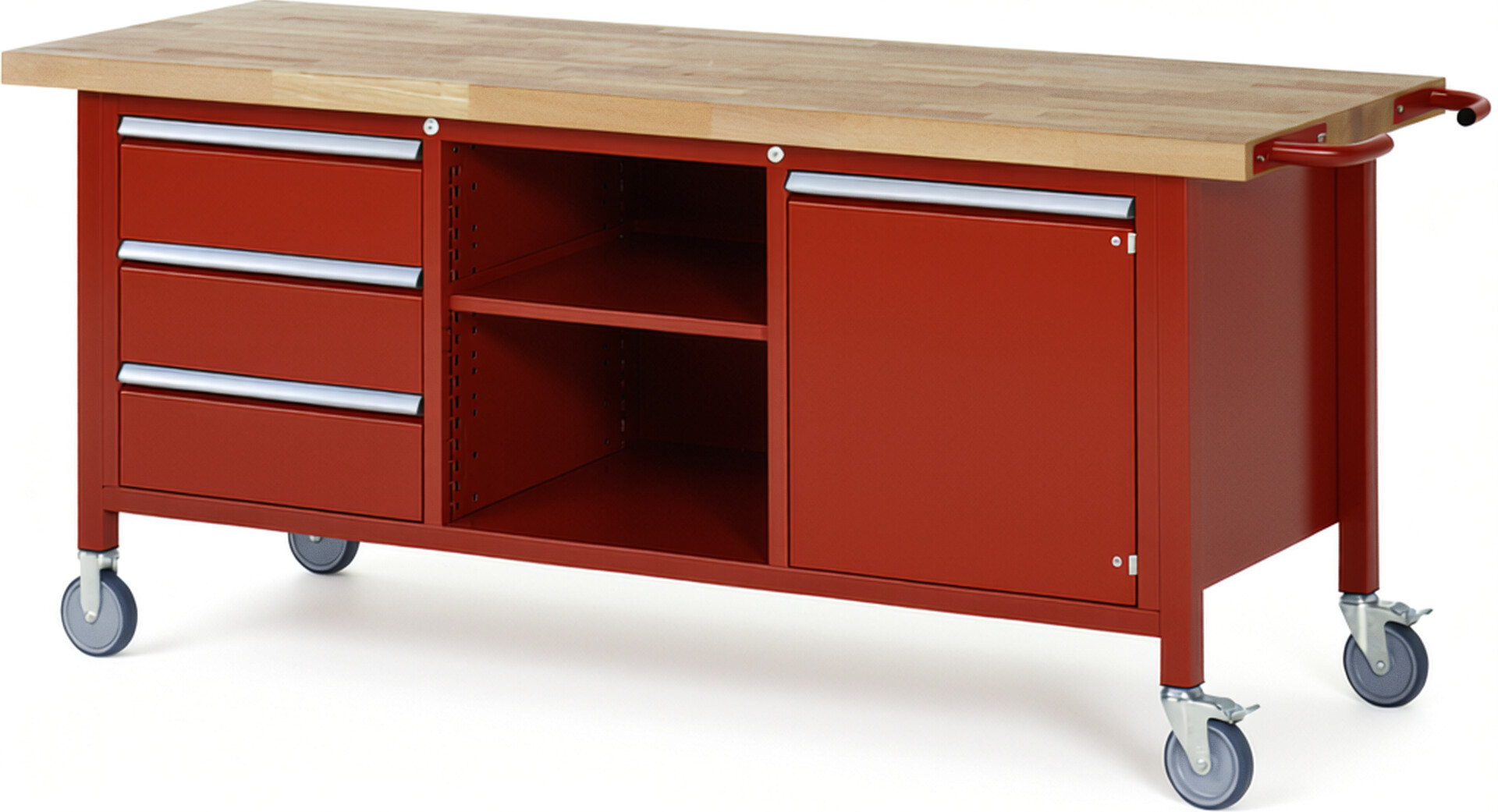 Fahrbare Werkbank Modell 8563 rot, BxTxH 2000x700x880-1080 mm,  Buche-Massiv Arbeitsplatte 40 mm,  3 Schubladen mit  Auszug 90 %