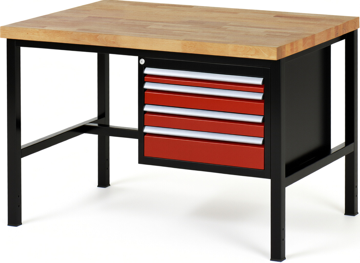 RAU Werkbank schwarz - rot - Breite 125 cm - Tiefe 90 cm - Höhe 104 cm - Buche-Massiv Arbeitsplatte 40 mm