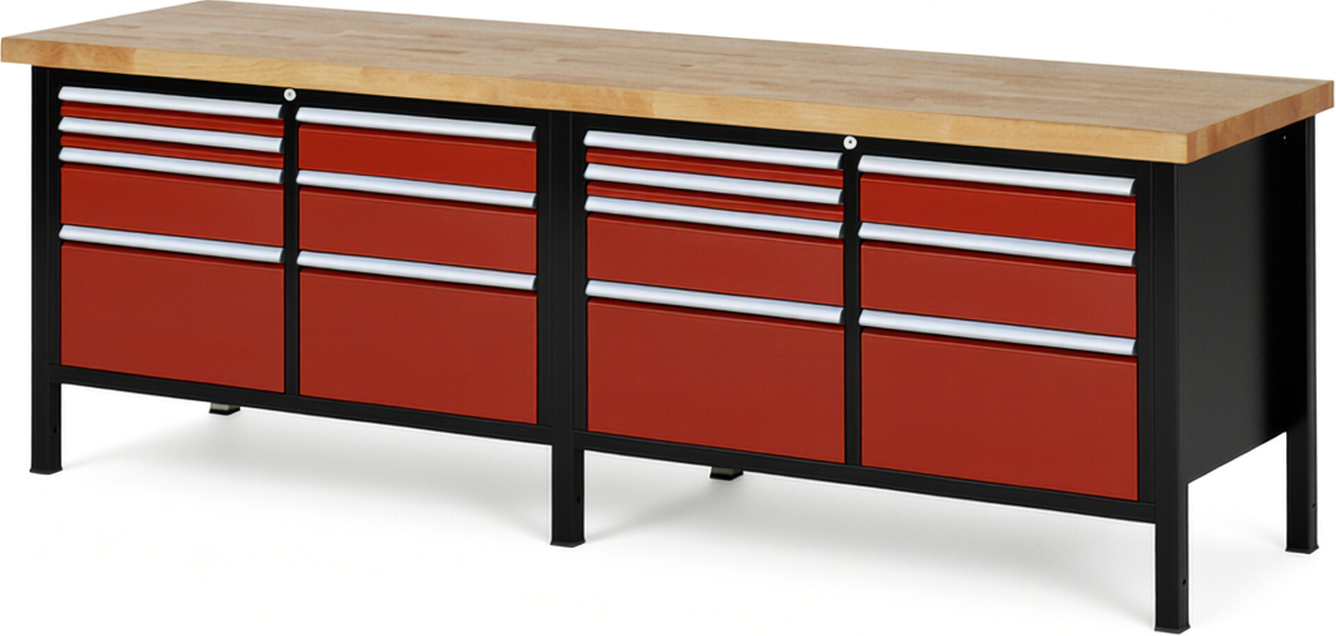 RAU Werkbank schwarz - rot - Breite 250 cm - Tiefe 70 cm - Höhe 104 cm - Buche-Massiv Arbeitsplatte 40 mm