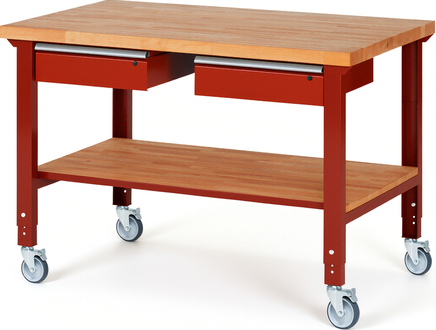 Fahrbare Werkbank Modell 7002 rot, BxTxH 1500x900x950-1000 mm,  Buche-Massiv Arbeitsplatte 40 mm,  2 Schubladen mit  Auszug 90 %