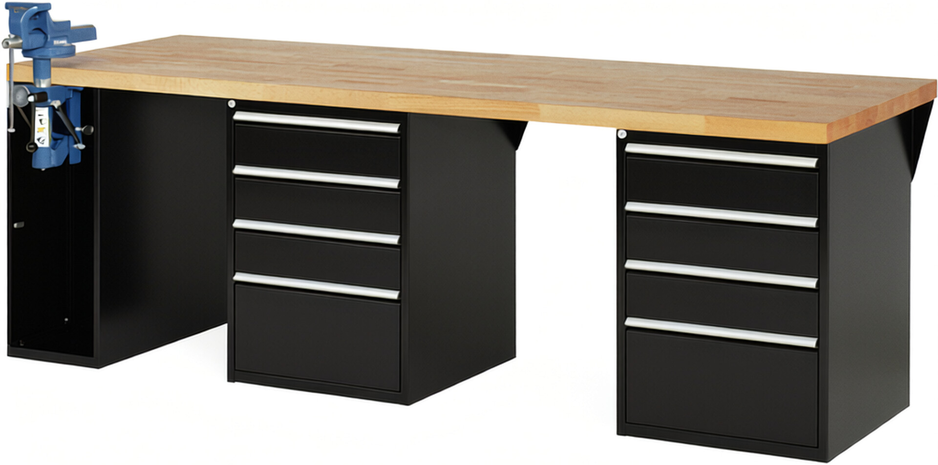 Werkbank Modell 7510 schwarz, BxTxH 2500x900x890 mm,  Buche-Massiv Arbeitsplatte 40 mm,  8 Schubladen mit  Auszug 90 %