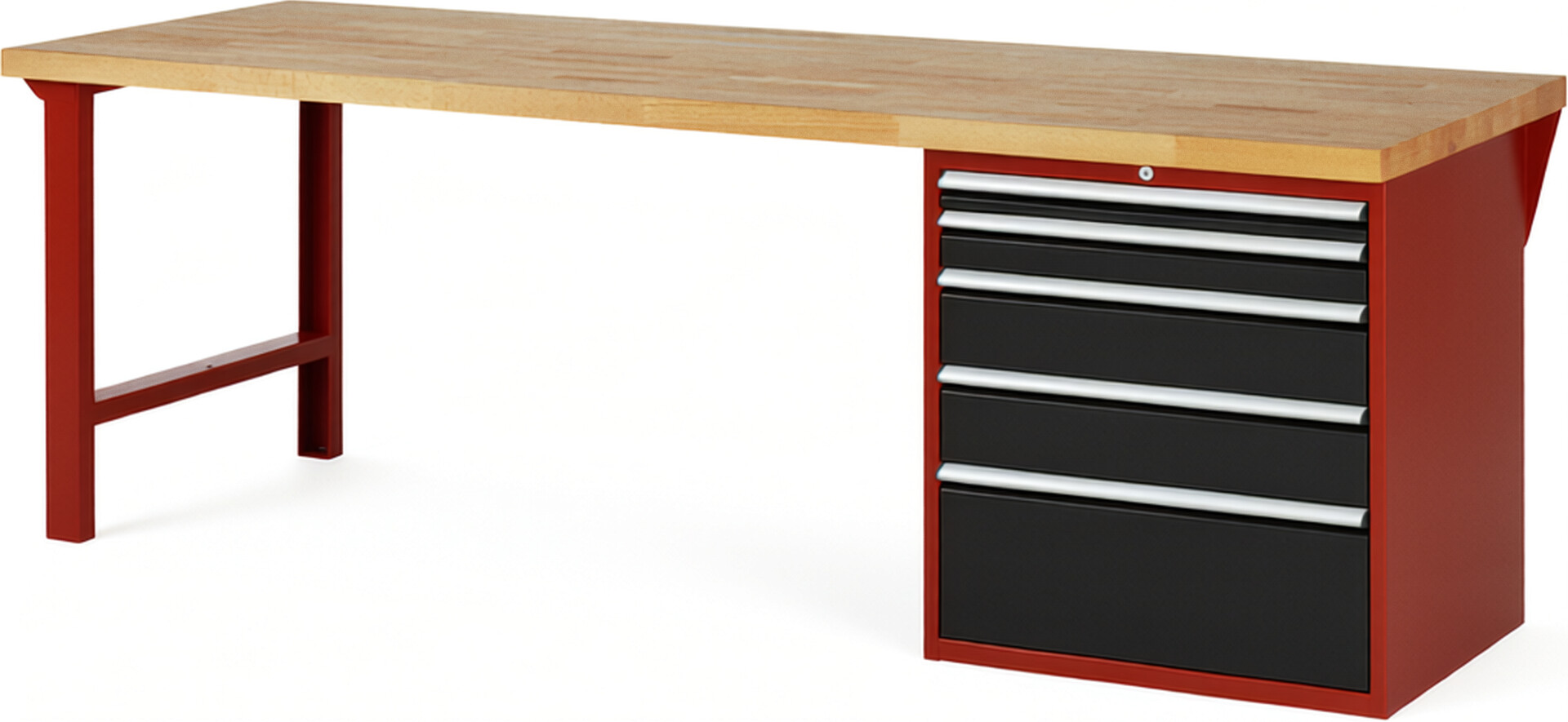 Werkbank Modell 7611 rot - schwarz, BxTxH 2500x900x890 mm,  Buche-Massiv Arbeitsplatte 40 mm,  5 Schubladen mit  Vollauszug 100 % und  SoftClosing
