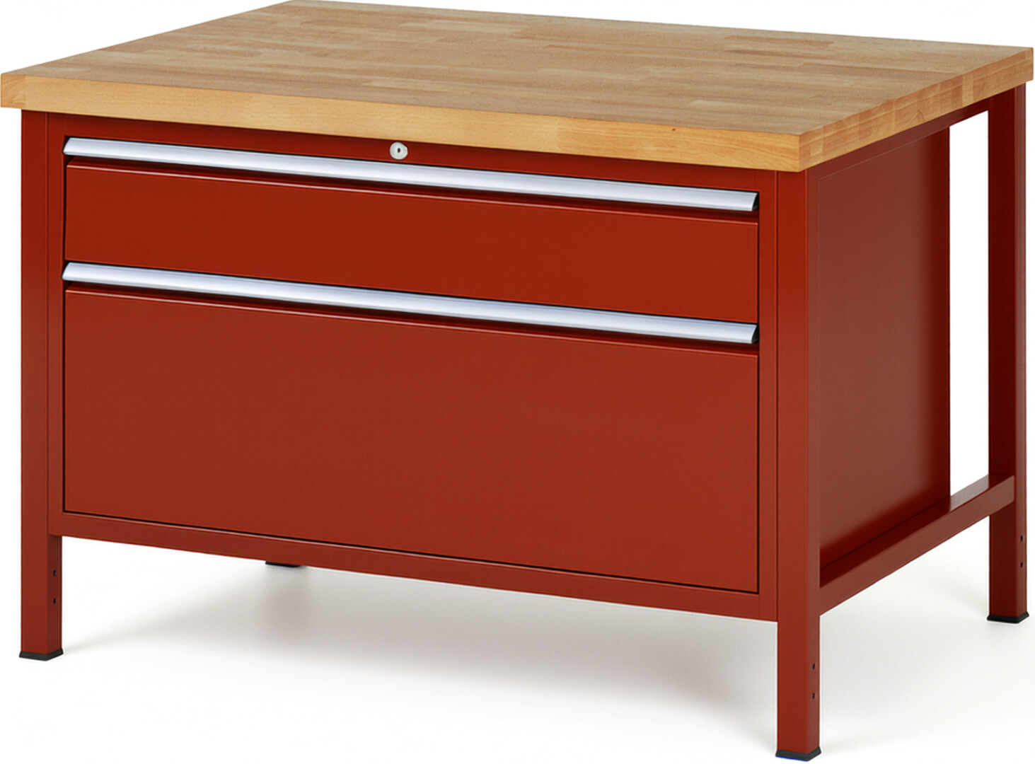 Werkbank Modell 8356 rot, BxTxH 1250x900x840 mm,  Buche-Massiv Arbeitsplatte 40 mm,  2 Schubladen mit  Auszug 90 %