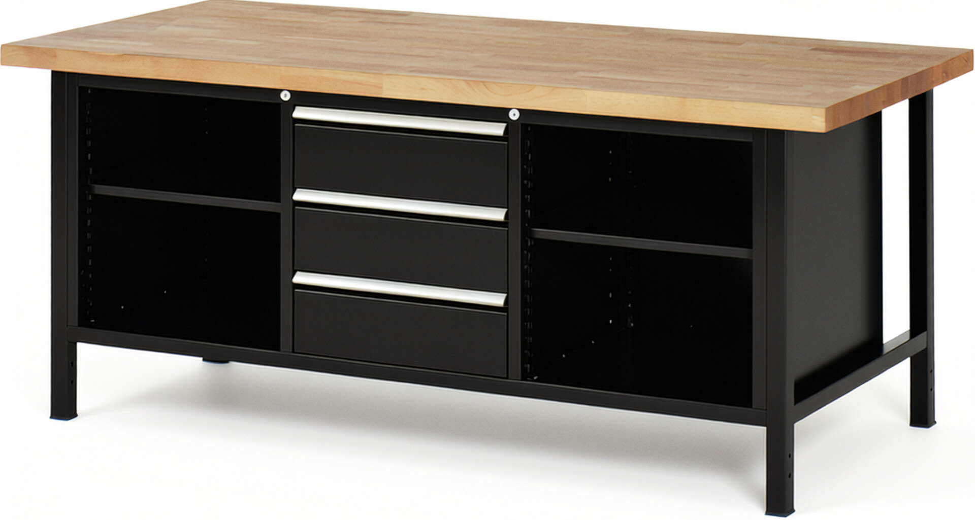 Werkbank Modell 8565 schwarz, BxTxH 2000x900x840 mm,  Buche-Massiv Arbeitsplatte 40 mm,  3 Schubladen mit  Vollauszug 100 % und  SoftClosing