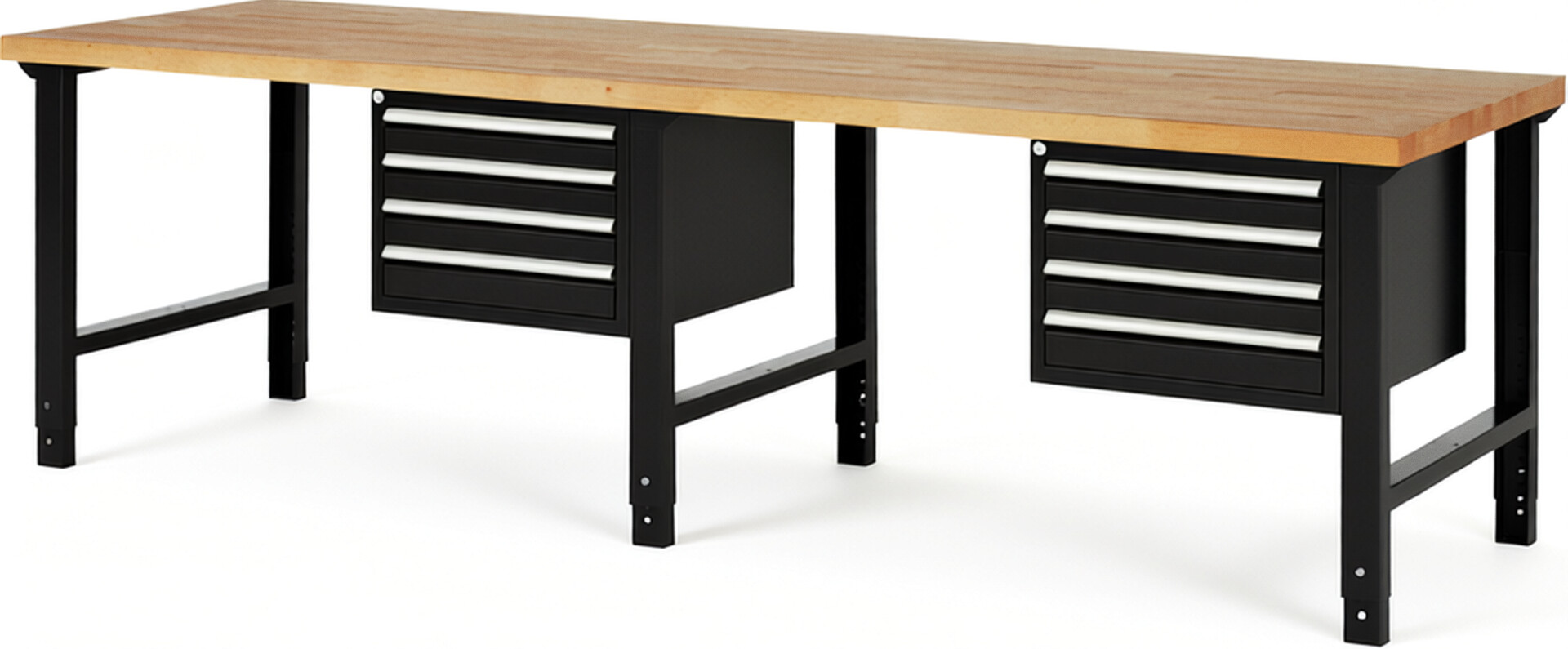 Werkbank Modell 7133 schwarz, BxTxH 3000x900x790-1140 mm,  Buche-Massiv Arbeitsplatte 40 mm,  8 Schubladen mit  Vollauszug 100 % und  SoftClosing
