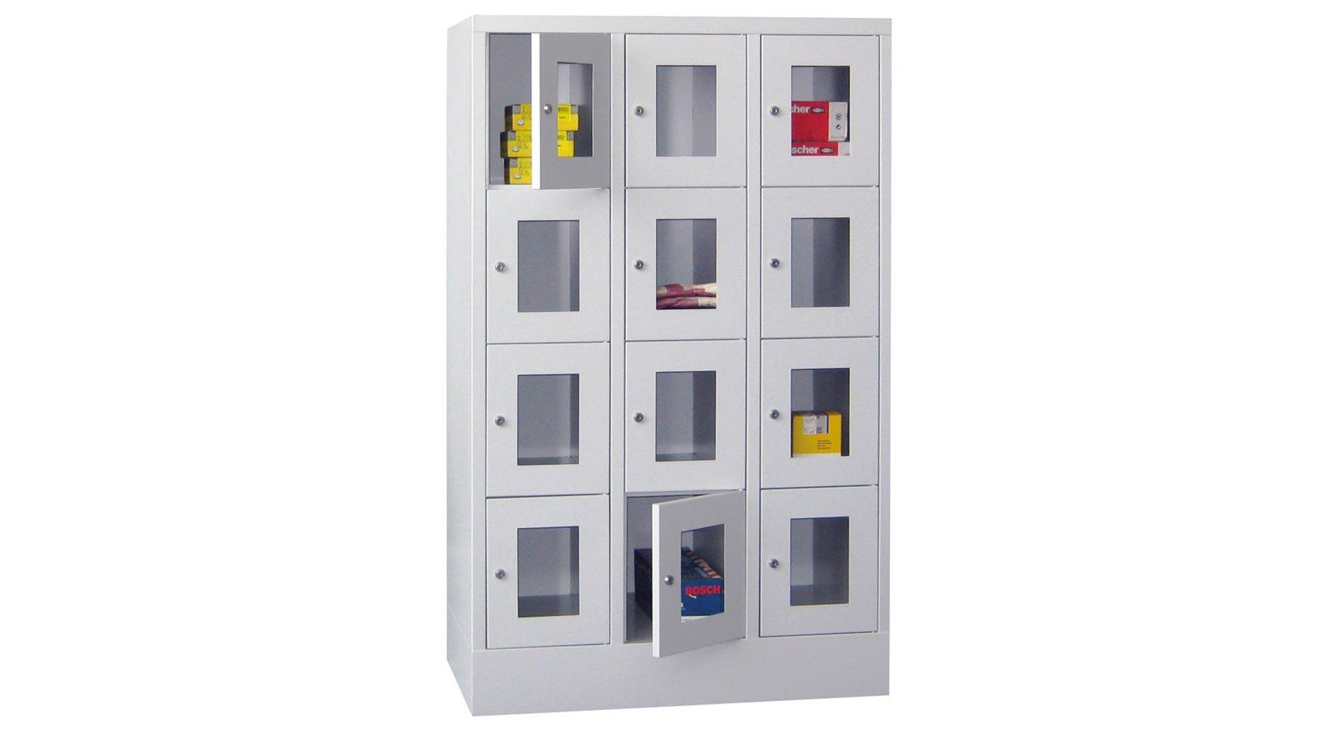 Fächerschränke mit Sichtfenstertüren, Breite 90 cm, Höhe 151,8 cm, Tiefe 50 cm, 3x4 Fächer