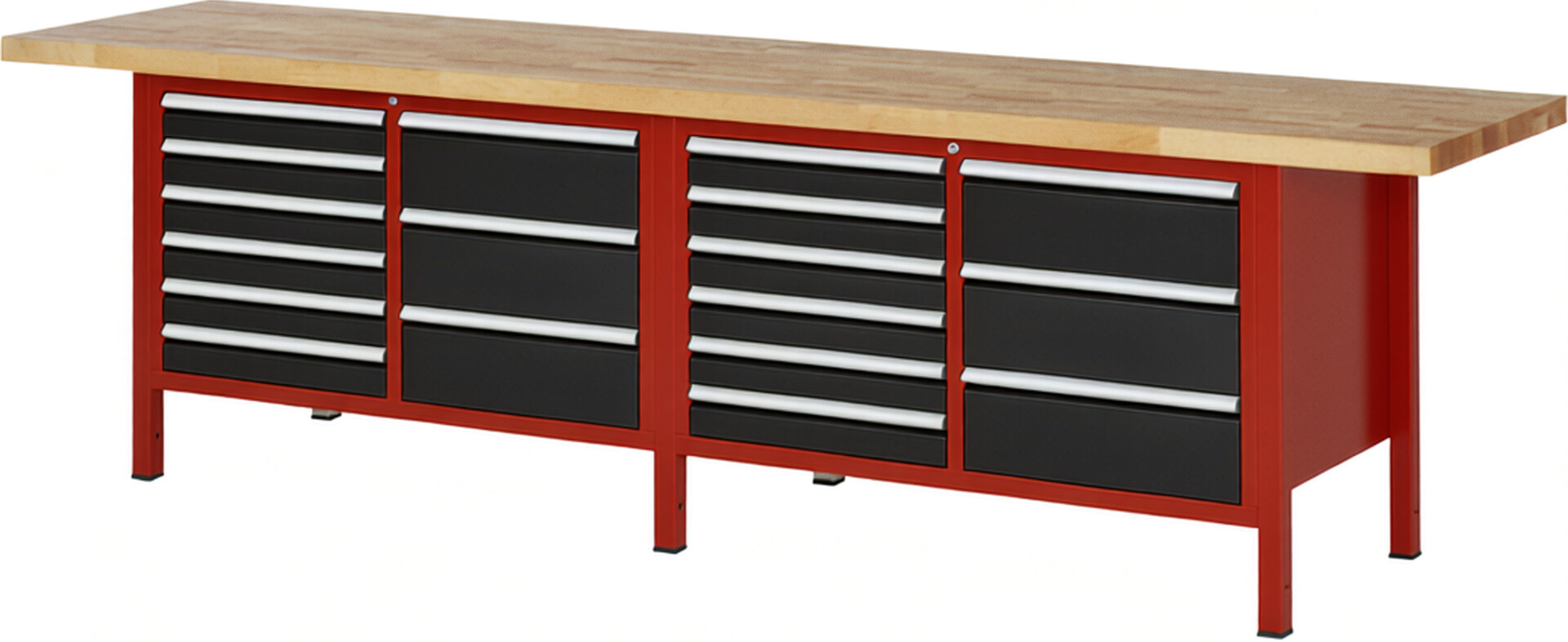 Werkbank Modell 8479 rot - schwarz, BxTxH 3000x700x840-1040 mm,  Buche-Massiv Arbeitsplatte 40 mm,  18 Schubladen mit  Vollauszug 100 % und  SoftClosing