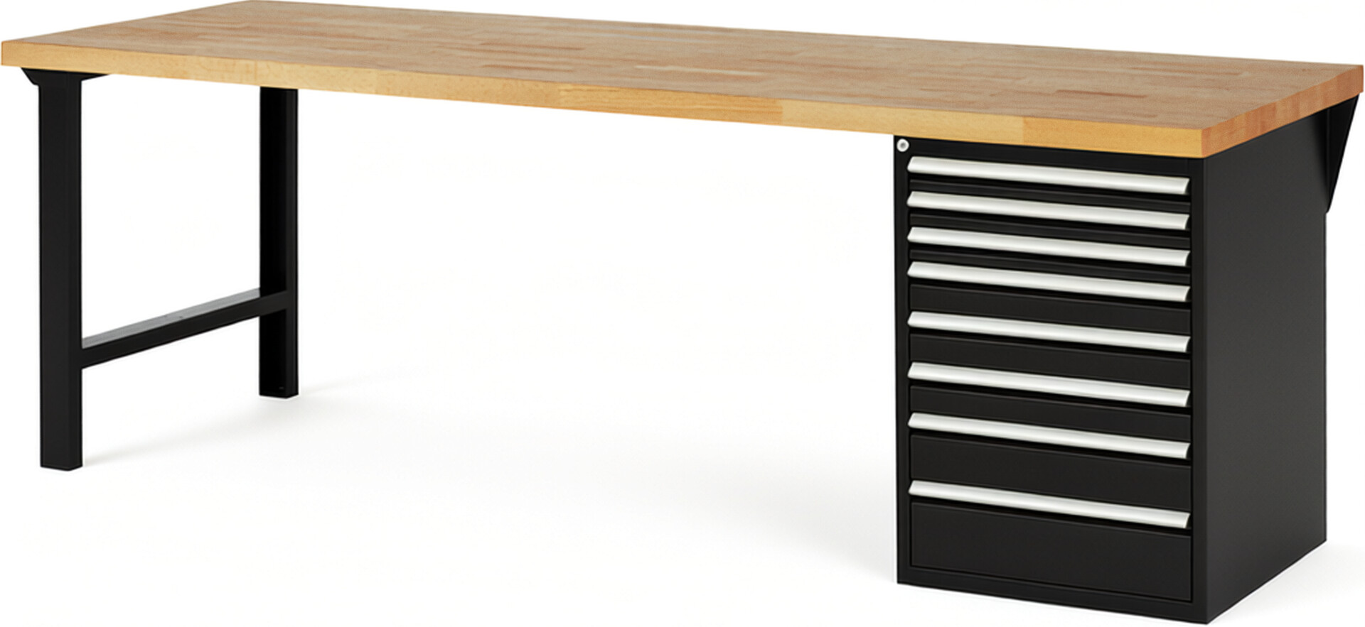 Werkbank Modell 7519 schwarz, BxTxH 2500x900x890 mm,  Buche-Massiv Arbeitsplatte 40 mm,  8 Schubladen mit  Auszug 90 %