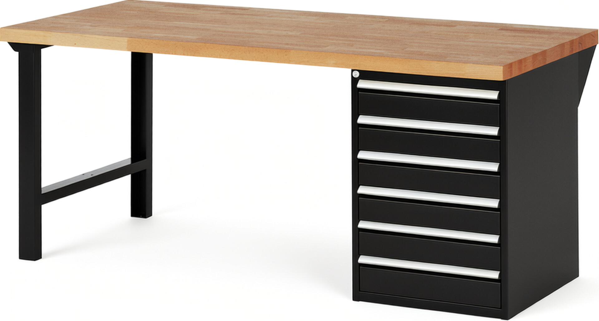 Werkbank Modell 7516 schwarz, BxTxH 2000x900x890 mm,  Buche-Massiv Arbeitsplatte 40 mm,  6 Schubladen mit  Vollauszug 100 % und  SoftClosing