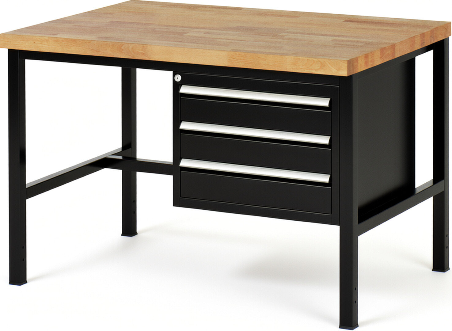 Werkbank Modell 8127 schwarz, BxTxH 1250x900x840-1040 mm,  Buche-Massiv Arbeitsplatte 40 mm,  3 Schubladen mit  Auszug 90 %