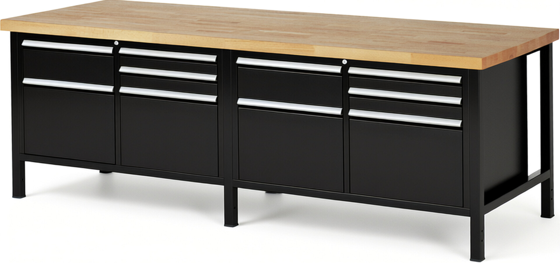 Werkbank Modell 8472 schwarz, BxTxH 2500x900x840-1040 mm,  Buche-Massiv Arbeitsplatte 40 mm,  10 Schubladen mit  Auszug 90 %
