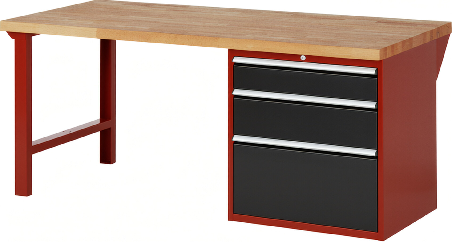 Werkbank Modell 7608 rot - schwarz, BxTxH 2000x900x890 mm,  Buche-Massiv Arbeitsplatte 40 mm,  3 Schubladen mit  Vollauszug 100 % und  SoftClosing