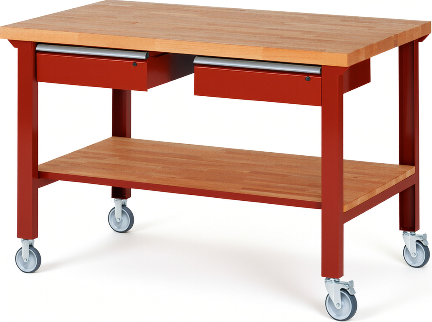 Fahrbare Werkbank Modell 7002 rot, BxTxH 1500x900x1000 mm,  Buche-Massiv Arbeitsplatte 40 mm,  2 Schubladen mit  Auszug 90 %