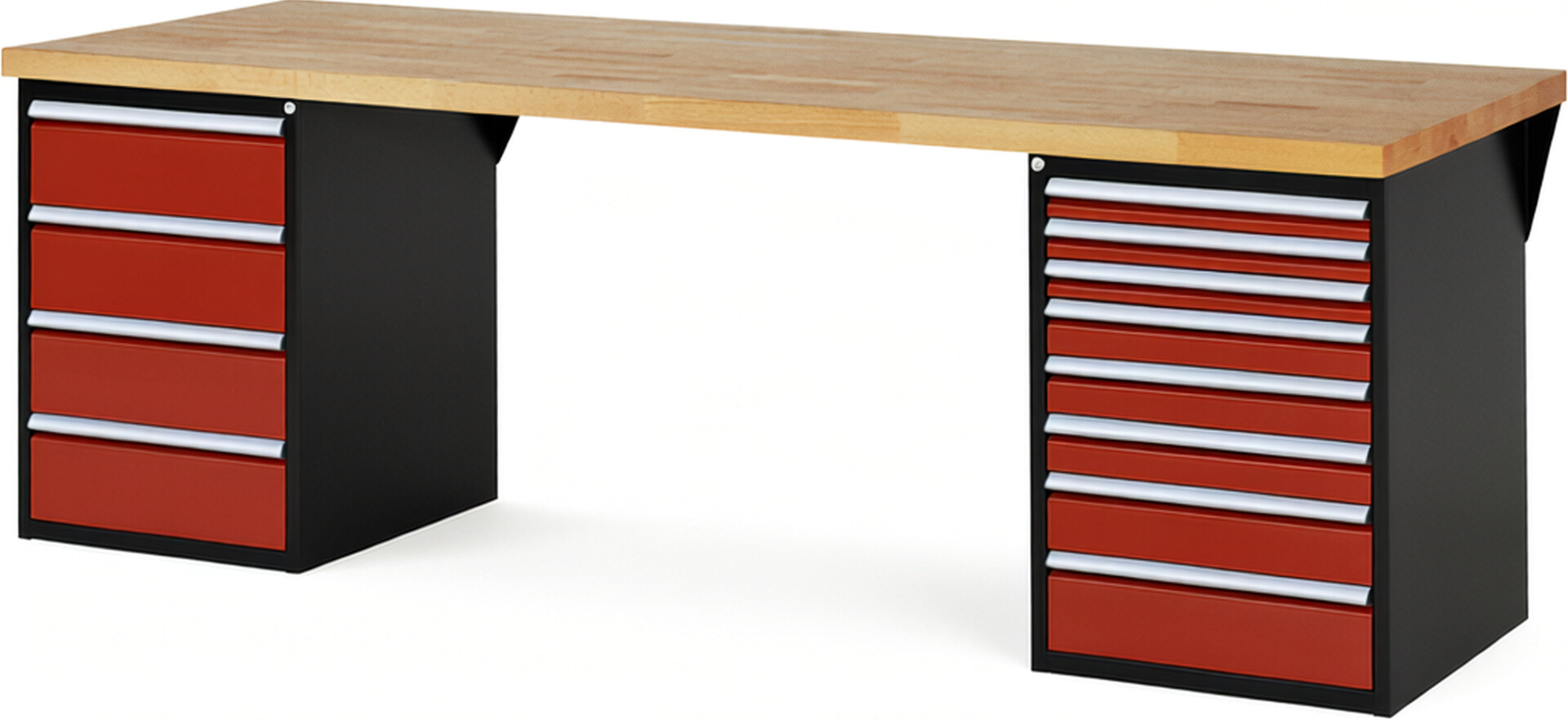RAU Werkbank schwarz - rot - Breite 250 cm - Tiefe 90 cm - Höhe 89 cm - Buche-Massiv Arbeitsplatte 40 mm