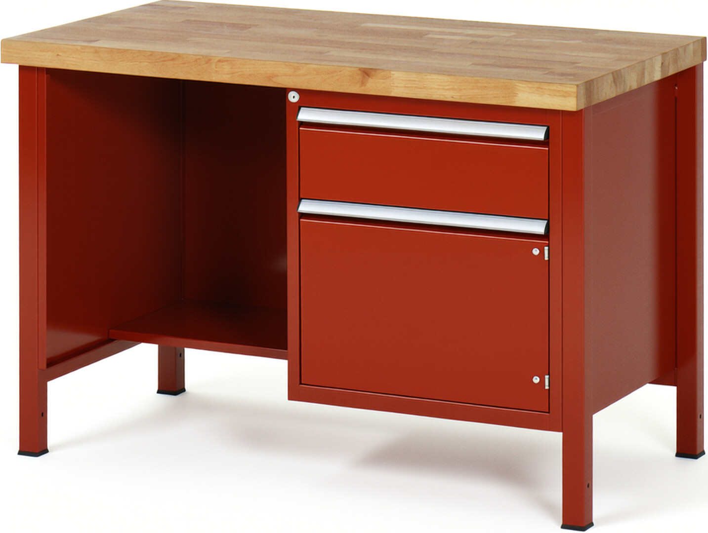 Werkbank Modell 8455 rot, BxTxH 1250x700x840-1040 mm,  Buche-Massiv Arbeitsplatte 40 mm,  1 Schublade mit  Auszug 90 %