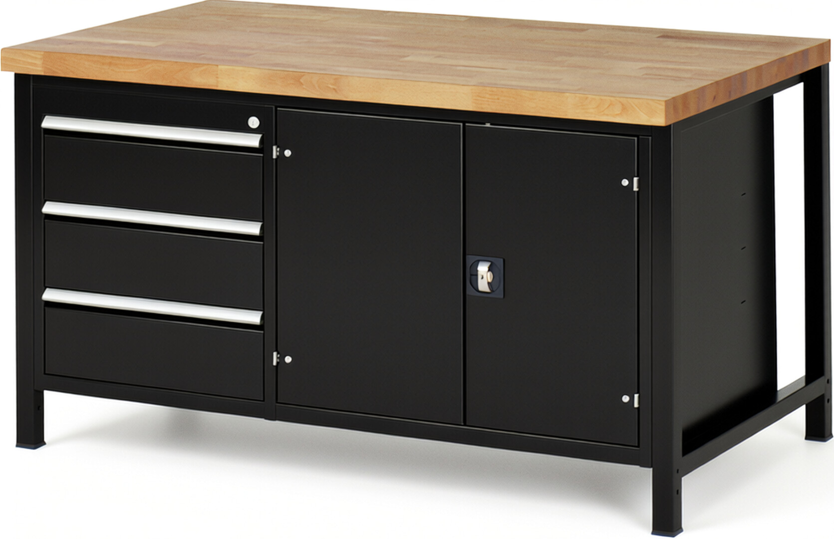 Werkbank Modell 8904 schwarz, BxTxH 1500x900x840 mm,  Buche-Massiv Arbeitsplatte 40 mm,  3 Schubladen mit  Vollauszug 100 % und  SoftClosing