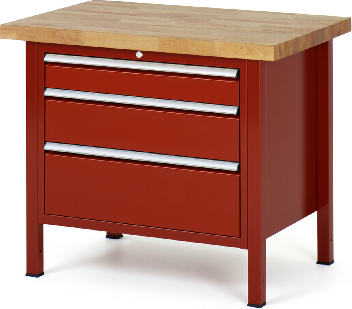 Werkbank Modell 8259 rot, BxTxH 1000x700x840-1040 mm,  Buche-Massiv Arbeitsplatte 40 mm,  3 Schubladen mit  Auszug 90 %