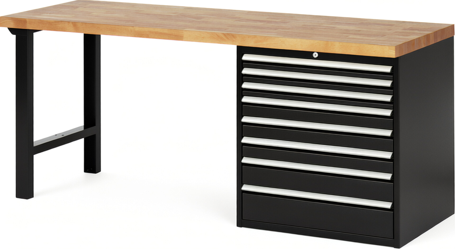 Werkbank Modell 7619 schwarz, BxTxH 2000x700x890 mm,  Buche-Massiv Arbeitsplatte 40 mm,  8 Schubladen mit  Vollauszug 100 % und  SoftClosing
