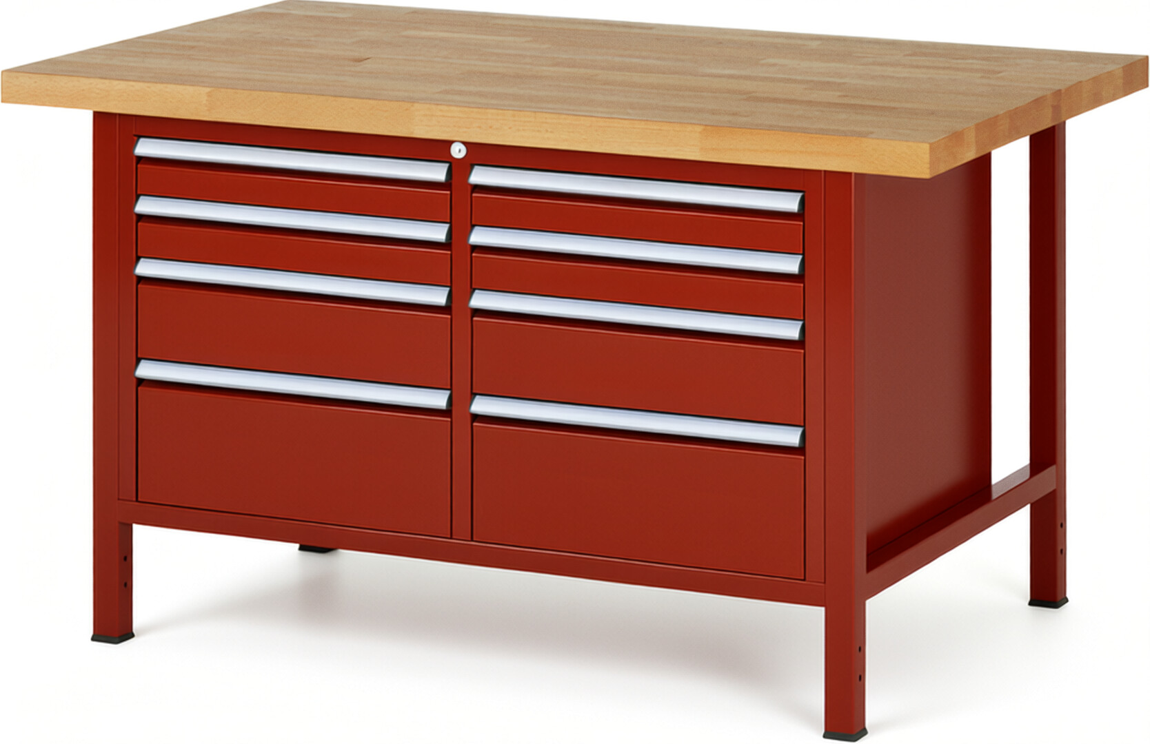 Werkbank Modell 8478 rot, BxTxH 1500x900x840 mm,  Buche-Massiv Arbeitsplatte 40 mm,  8 Schubladen mit  Auszug 90 %
