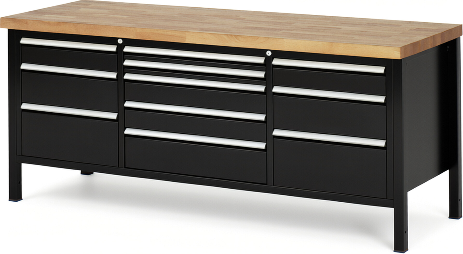 Werkbank Modell 8758 schwarz, BxTxH 2000x700x840-1040 mm,  Buche-Massiv Arbeitsplatte 40 mm,  11 Schubladen mit  Vollauszug 100 % und  SoftClosing