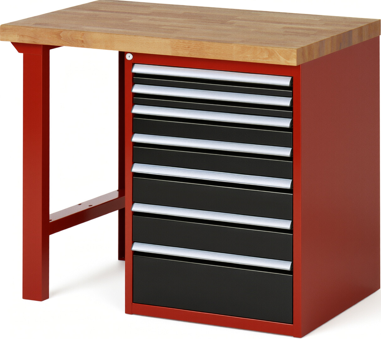 Werkbank Modell 7517 rot - schwarz, BxTxH 1000x700x890 mm,  Buche-Massiv Arbeitsplatte 40 mm,  7 Schubladen mit  Vollauszug 100 % und  SoftClosing