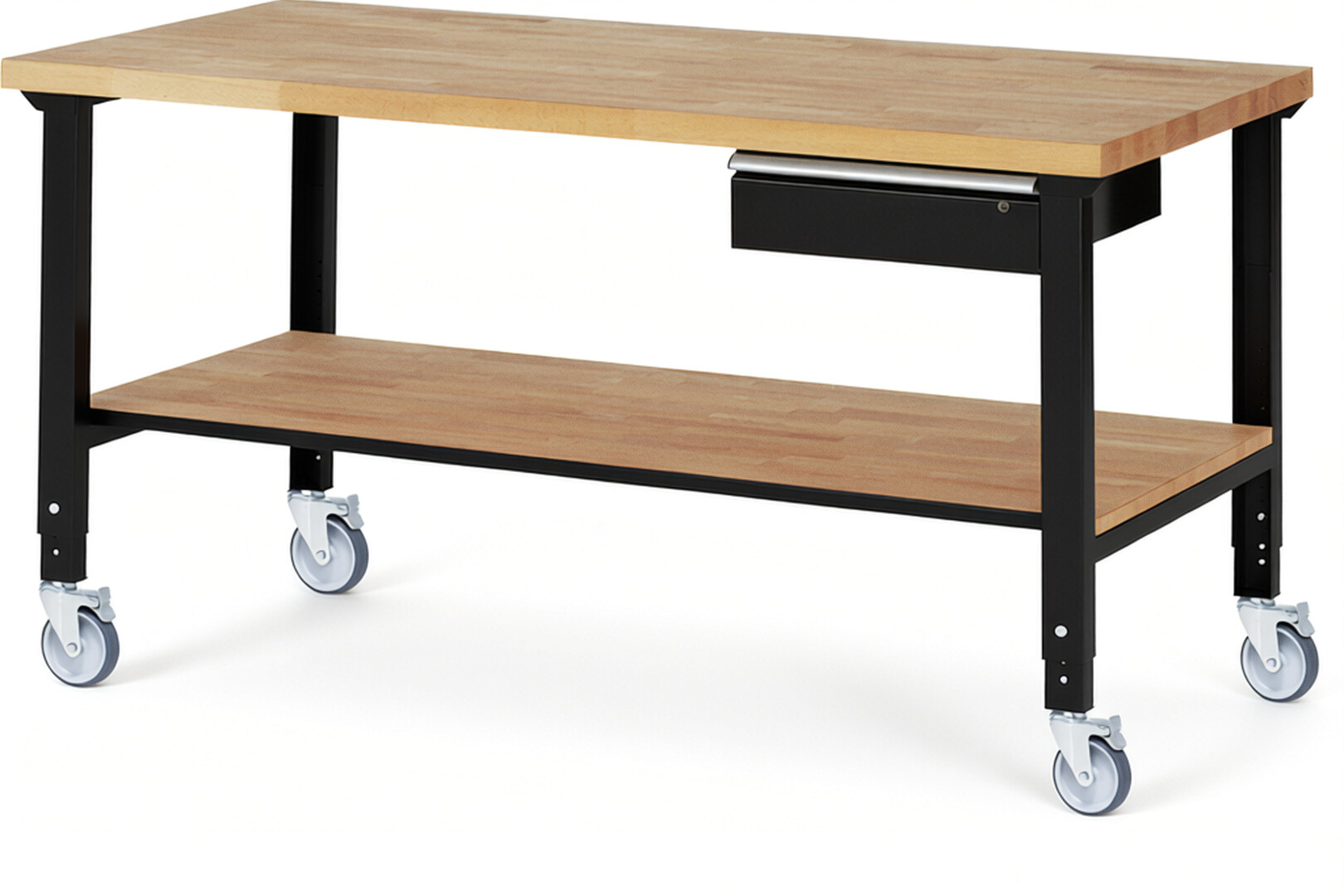 Fahrbare Werkbank Modell 7001 schwarz, BxTxH 2000x900x950-1000 mm,  Buche-Massiv Arbeitsplatte 40 mm,  1 Schublade mit  Auszug 90 %