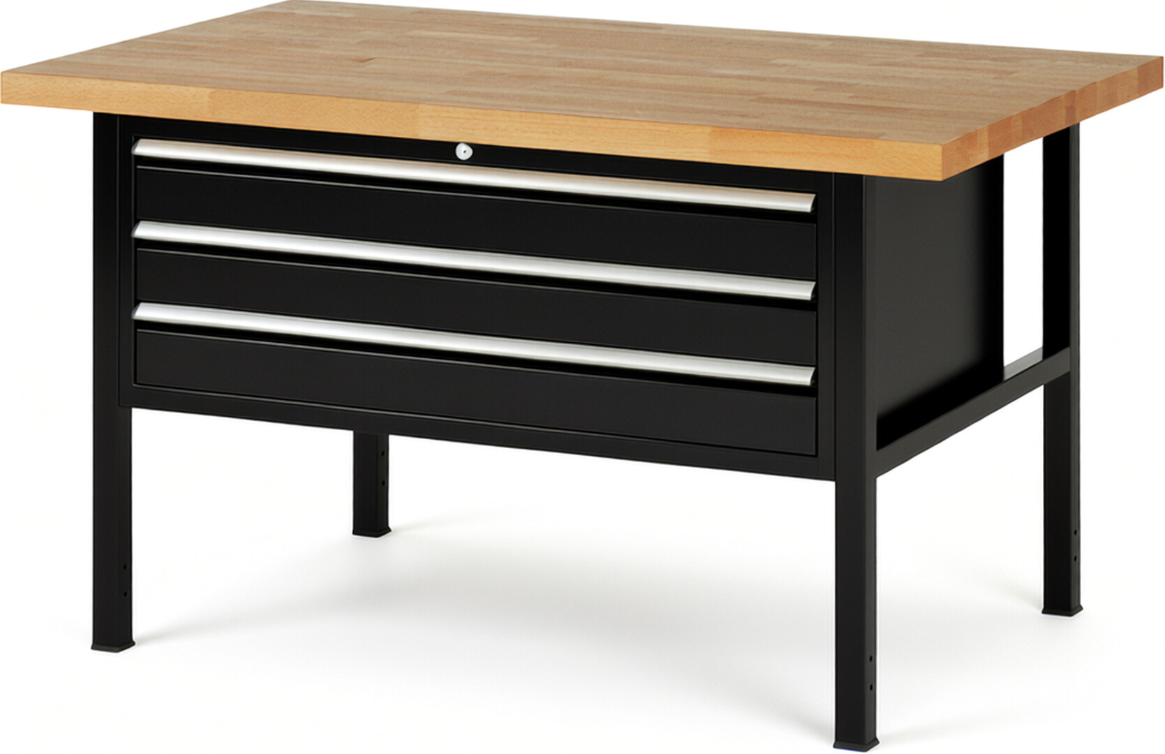 Werkbank Modell 8327 schwarz, BxTxH 1500x900x840 mm,  Buche-Massiv Arbeitsplatte 40 mm,  3 Schubladen mit  Vollauszug 100 % und  SoftClosing