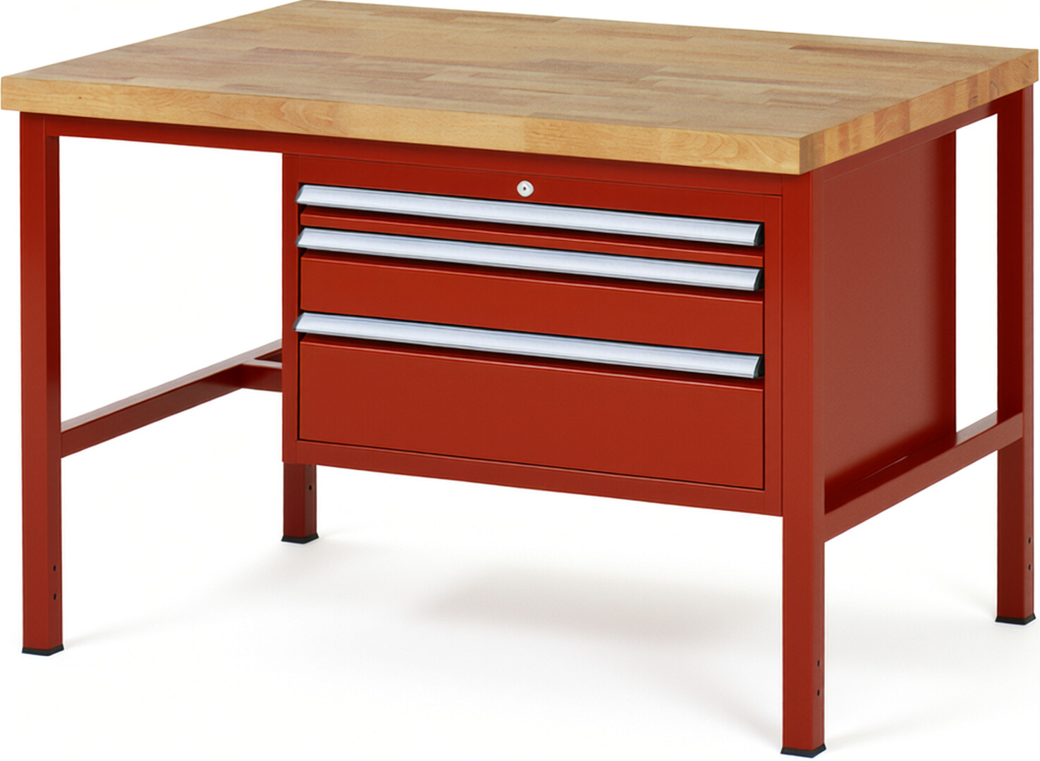 Werkbank Modell 8226 rot, BxTxH 1250x900x840-1040 mm,  Buche-Massiv Arbeitsplatte 40 mm,  3 Schubladen mit  Auszug 90 %