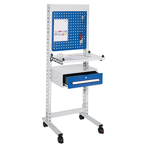QM-Station, fahrbar, inkl. Infotafel, Metallablage, Schublade schmal, Infoblende, Lenkrollen BxTxH 670x620x1770 mm