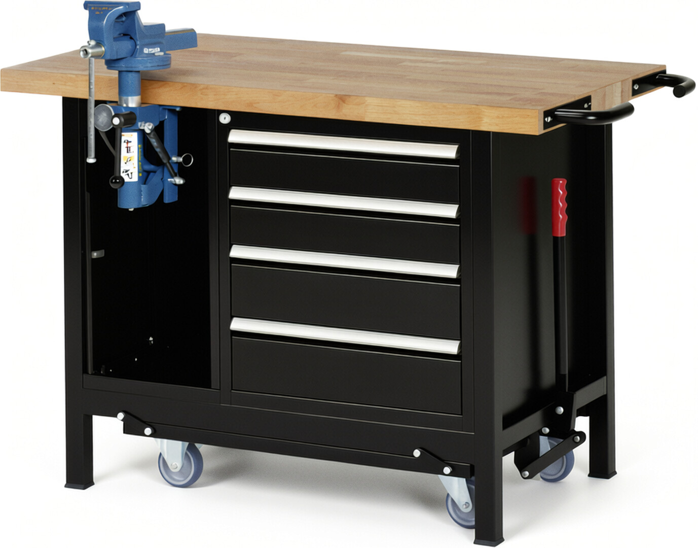 Absenkbare Werkbank Modell 8185 schwarz, BxTxH 1250x700x880 mm,  Buche-Massiv Arbeitsplatte 40 mm,  4 Schubladen mit  Auszug 90 %