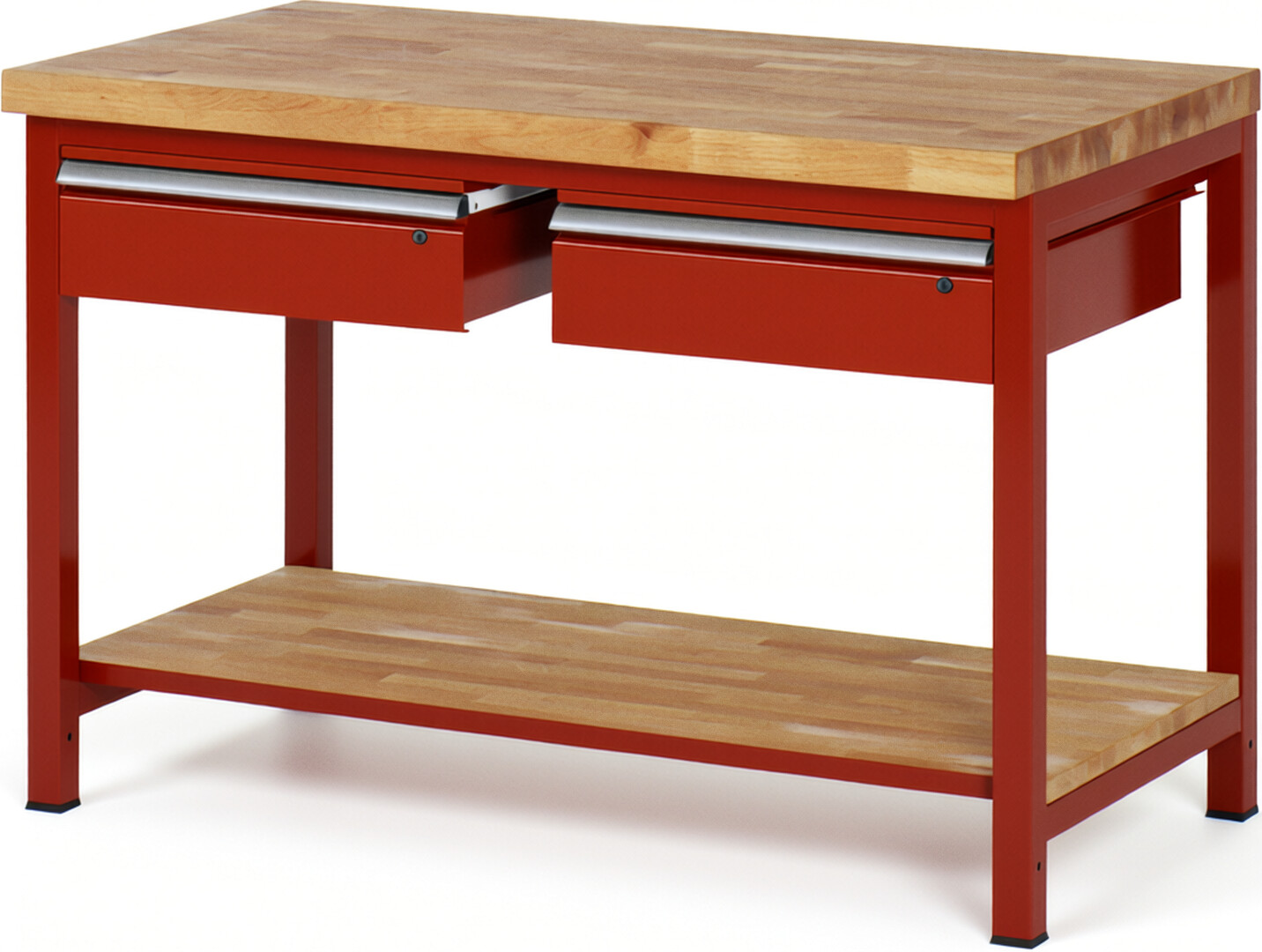 Werkbank Modell 8002 rot, BxTxH 1250x700x840-1040 mm,  Buche-Massiv Arbeitsplatte 40 mm,  2 Schubladen mit  Auszug 90 %