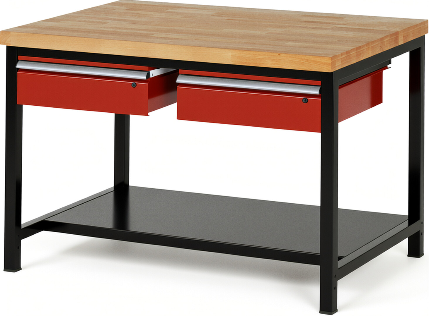 RAU Werkbank schwarz - rot - Breite 125 cm - Tiefe 90 cm - Höhe 104 cm - Buche-Massiv Arbeitsplatte 40 mm
