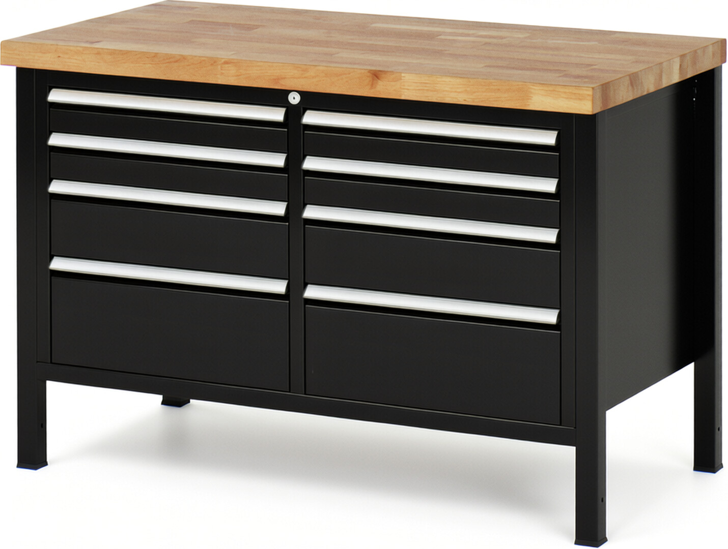 Werkbank Modell 8478 schwarz, BxTxH 1250x700x840 mm,  Buche-Massiv Arbeitsplatte 40 mm,  8 Schubladen mit  Auszug 90 %